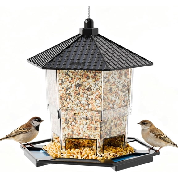 Hanging Bird Feeder for Outdoors,Large Hopper Squirrel Proof Birdfeeder for Cedar,Red,Cardinal,Blue Jay and Wild Birds,Easy to Feel Birdhouse & Bird Seed Feeder & Gazebo for Outside,Tree,Black