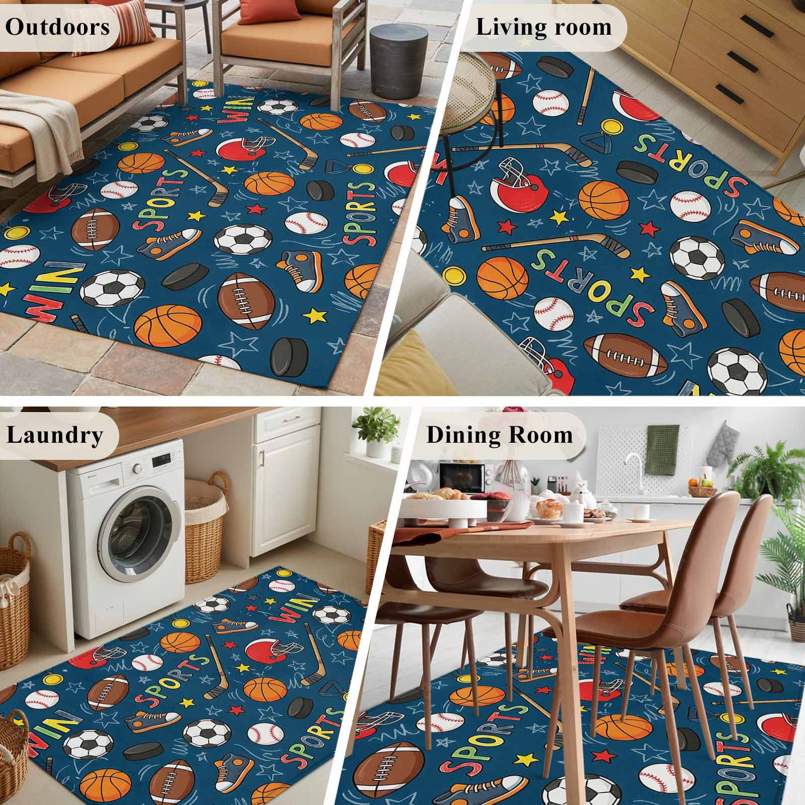 Navy Blue Sports Area Rugs 4'x6', Washable Small Throw Rugs for Office Bathroom, Football Basketball Rugby Baseball Indoor Outdoor Rug Non-Slip Low Pile Carpet Runner Reversible Floor Mats