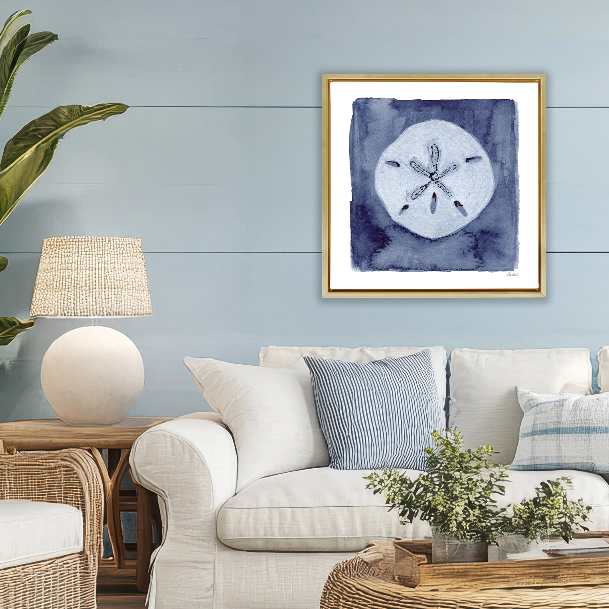 Stupell Industries White Sand Dollar on Indigo Gold Framed Floater Canvas Wall Art, design by Patti Bishop