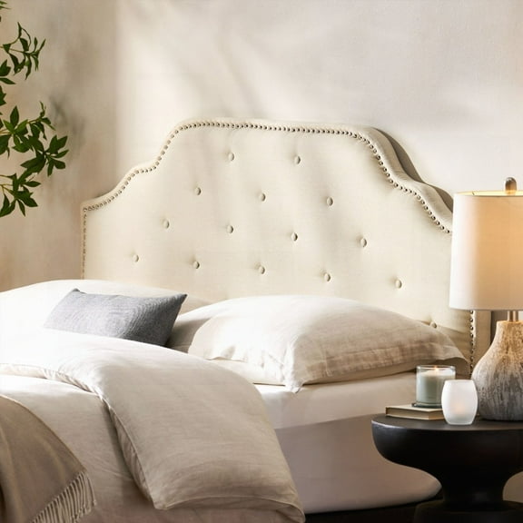Adjustable Height Queen Headboard in Tufted Fabric & Solid Wood with Metal Legs & Nailhead Trim