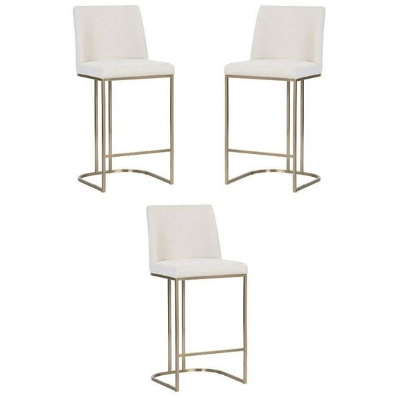 Home Square Rayla 26" Fabric Counter Stool in Cream/Antique Brass - Set of 3