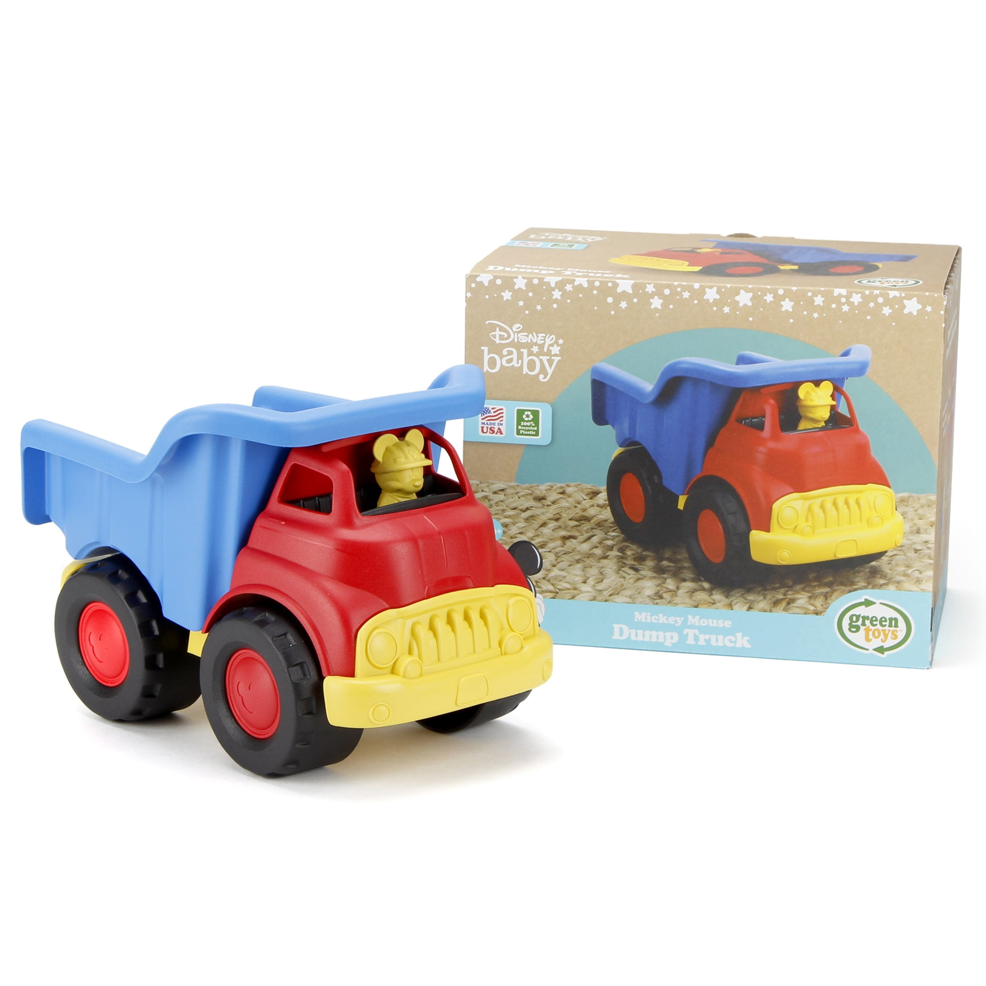 Green Toys: Disney Baby - Mickey Mouse Dump Truck - Red & Blue - Pretend Play Vehicle, Recycled Plastic, Transporter Toy, Kids & Toddler Ages 6 Mo+