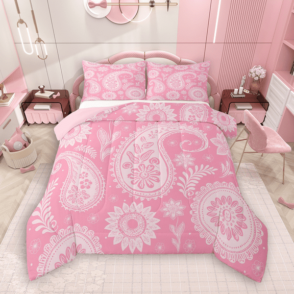 Manfei Bohemian Paisley Queen Comforter Set 3 Pieces, Hippie Mandala Bedding Sets, Pink Bedding Comforter Set, Microfiber Bedroom Decor