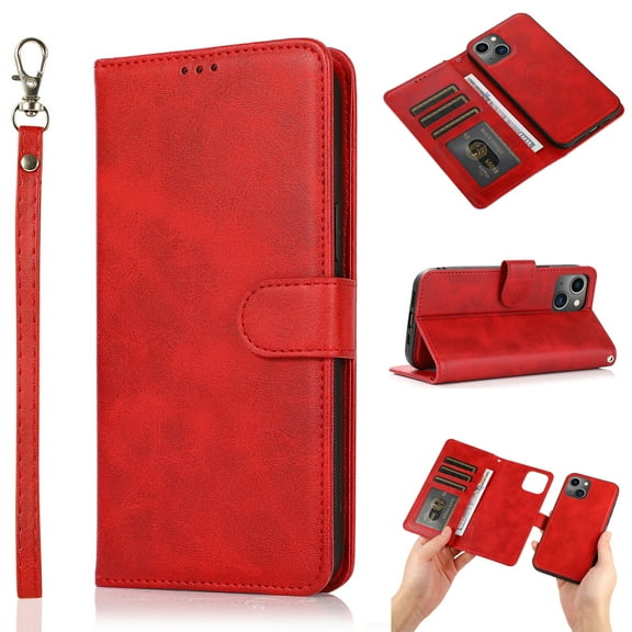 2-in-1 Wallet Case for iPhone 14 (6.1") 2022, Allytech Vegan PU Leather Magnetic Detachable Shockproof Hand Strap Flip Folio Stand Protective Case for iPhone 14 5G, Red