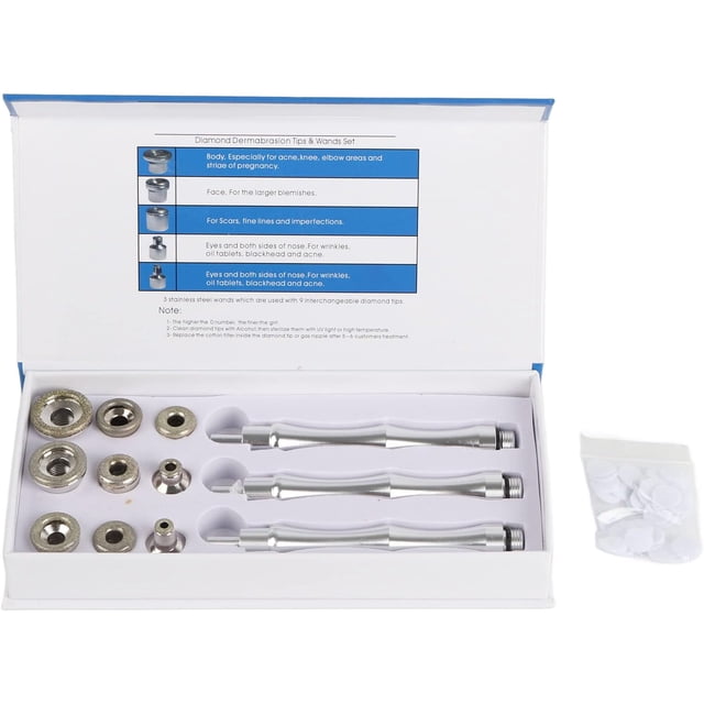 9Pcs Diamond Tips, Diamond Microdermabrasion Heads Replacement Tips with Stainless Steel Filter Handle, Facial Care Beauty Machine Accessories Set,