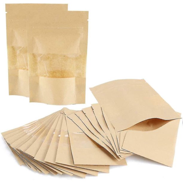 50 piezas de bolsas de papel Kraft Bolsas de pie con autosellado Bolsas de pie con cierre de cremallera Kraft con ventana 5.5x3.5 pulgadas-hyj