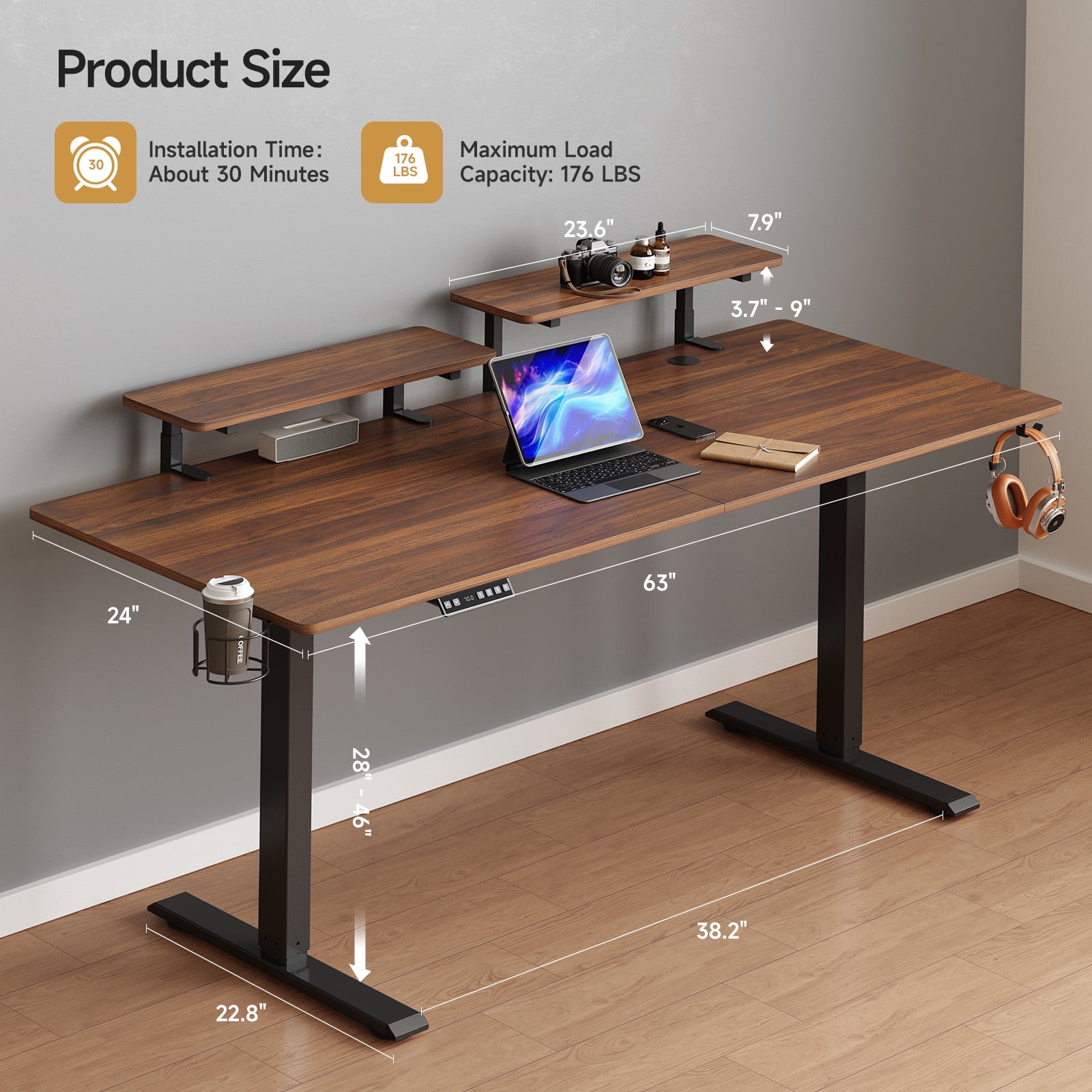 63 x 24 Inches Standing Desk with 2 Adjustable Monitor Shelves,  Electric Stand Up Desk Adjustable Height from 28-46 inches for Home and Office, Walnut