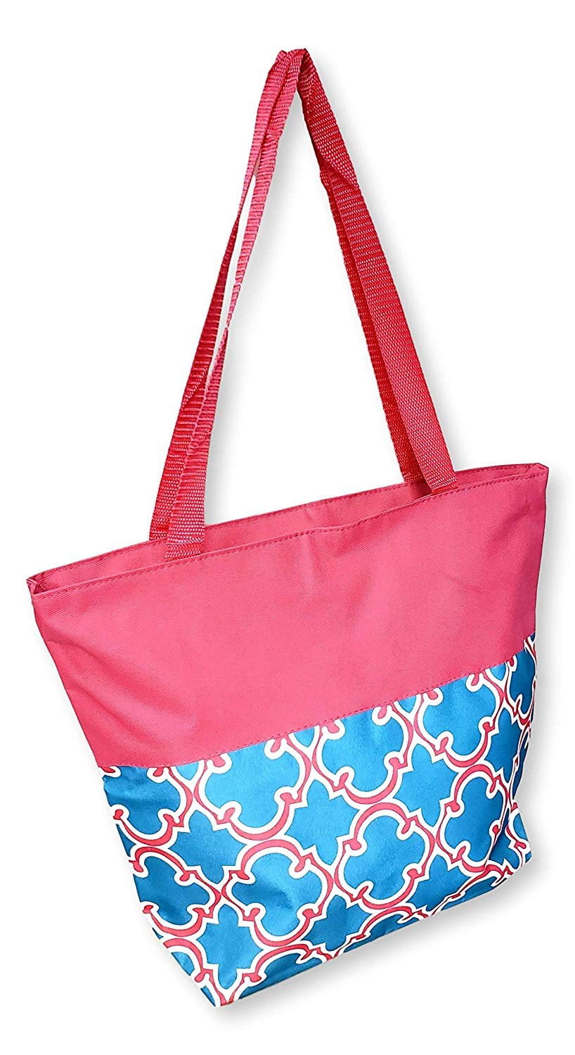 Women Teen Fashion Print Lined Top Zipper Tote Bag Handbag with Solid