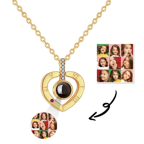 Customizable Projection Copper Necklace for Women, Heart and Round Pendant with Roman Numerals Personalized Jewelry Gift for Mom, Girlfriend, Wife, Pet Memorial