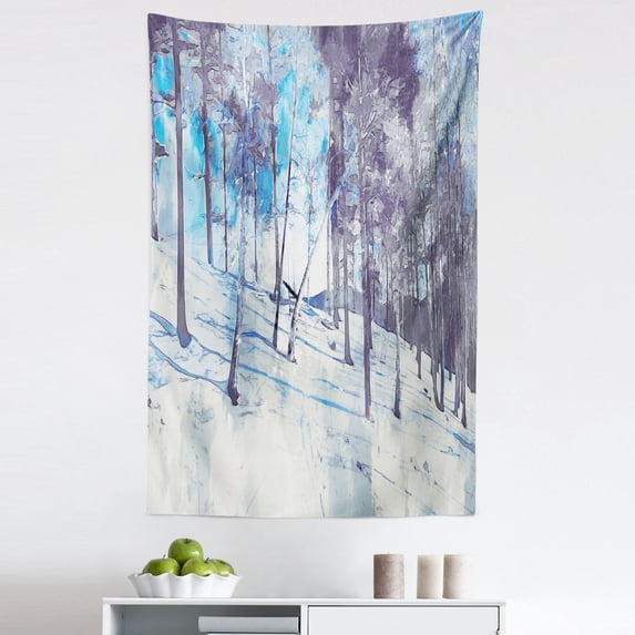 Impressionist Tapestry, Winter Forest Trees and Snowy Land Landscape Painting Woodland, Fabric Wall Hanging Decor for Bedroom Living Room Dorm, 5 Sizes, Blue Dark Indigo Coconut, by Ambesonne
