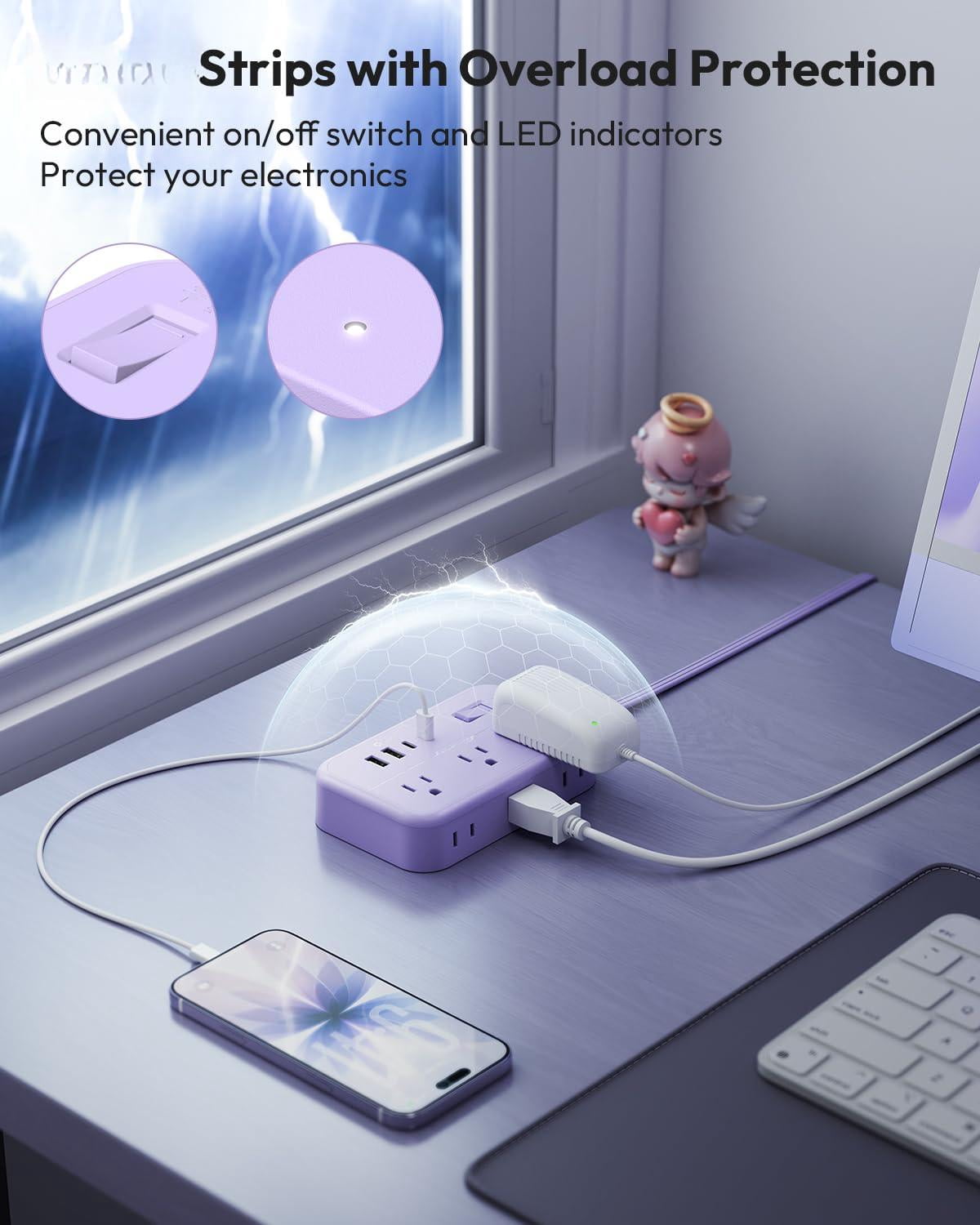 Purple Extension Cord Surge Protector Power Strip With 6 Outlets 4 Usb Ports(20w)  Flat Multiple 5 Ft Plug Outlet Extender For Indoor Office