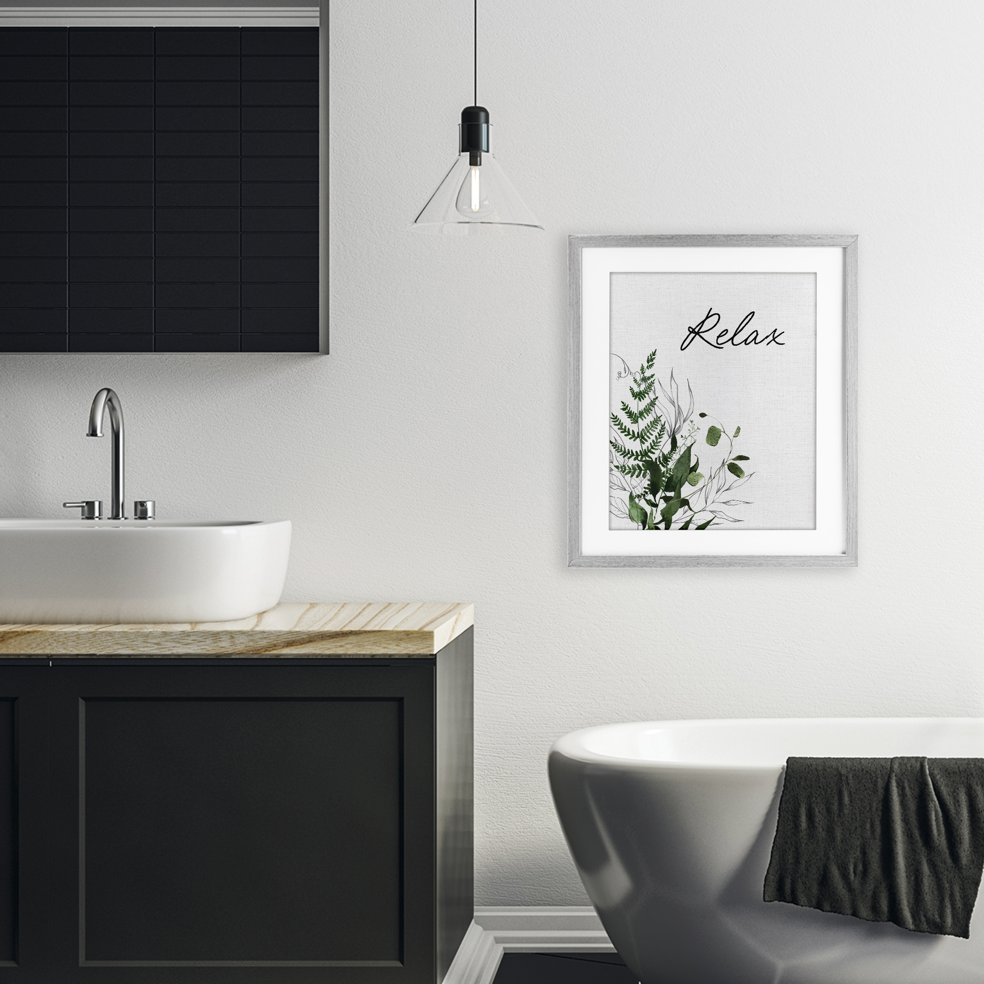 Relax Ferns & Botanicals Gray Framed Print Under Glass, design by Lettered and Lined