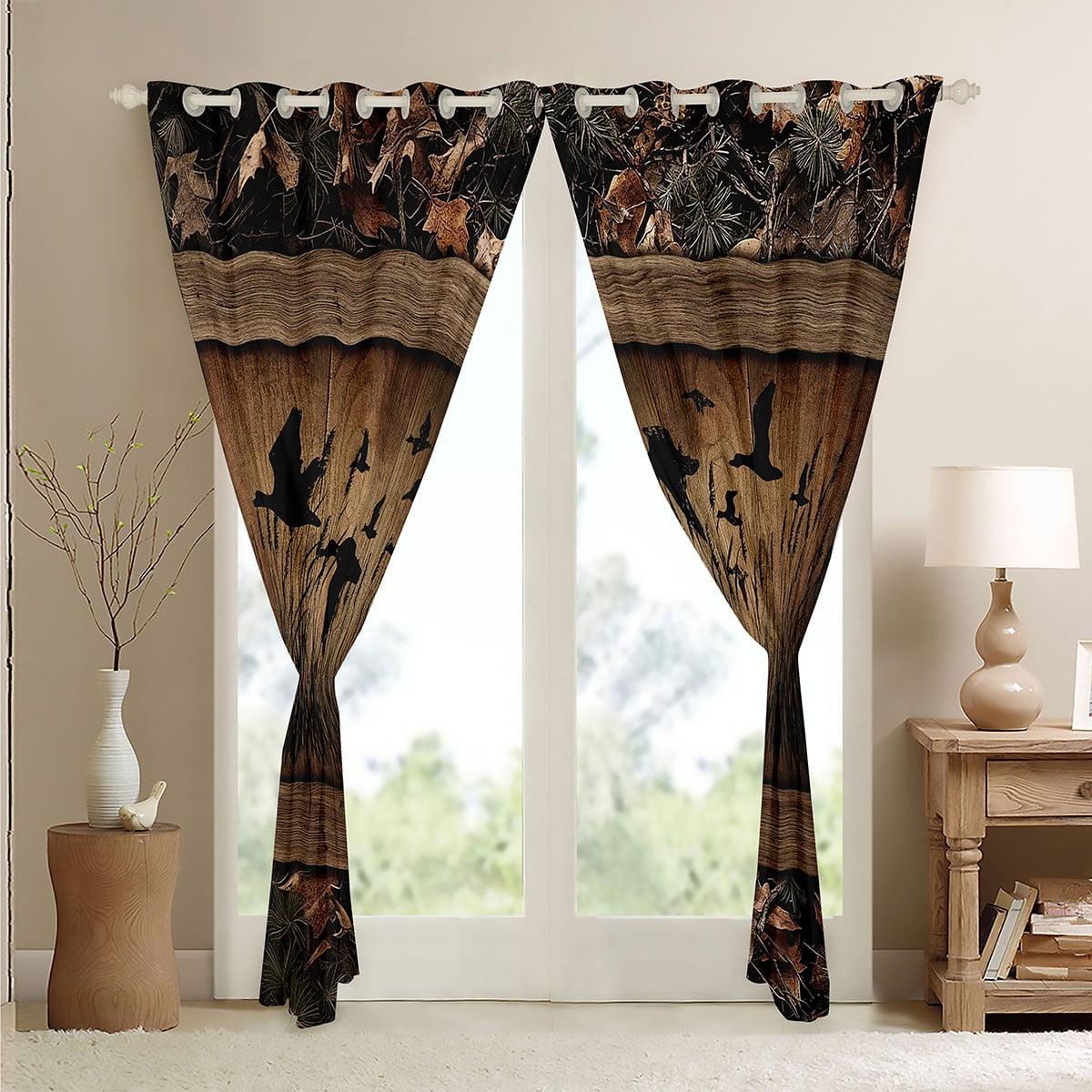 Camo Mallard Duck 30%-50% Blackout Curtains Men Rustic Farmhouse Cabin Curtains 42"Wx63"L,Hunting Woodland Duck Window Curtains Country Wood Board Animal Curtains 2 Panels