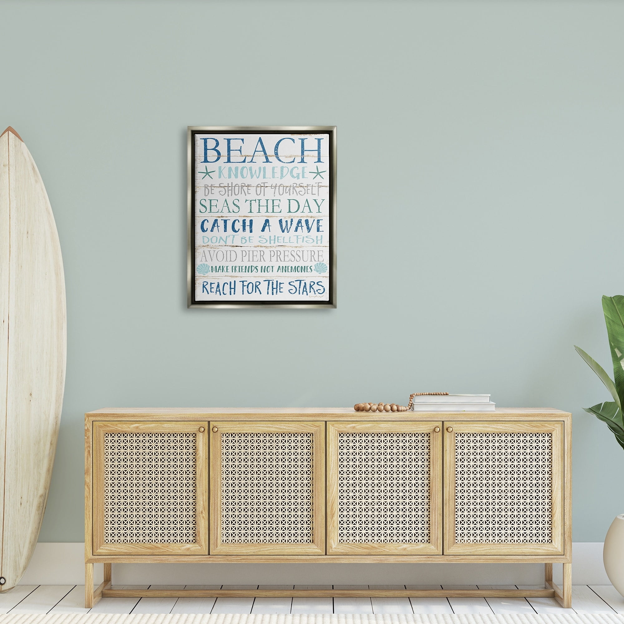 Stupell Industries Beach Knowledge Blue Aqua and White Planked Look Sign Luster Gray Framed Floating Canvas Wall Art, 24x30, by Jennifer Pugh