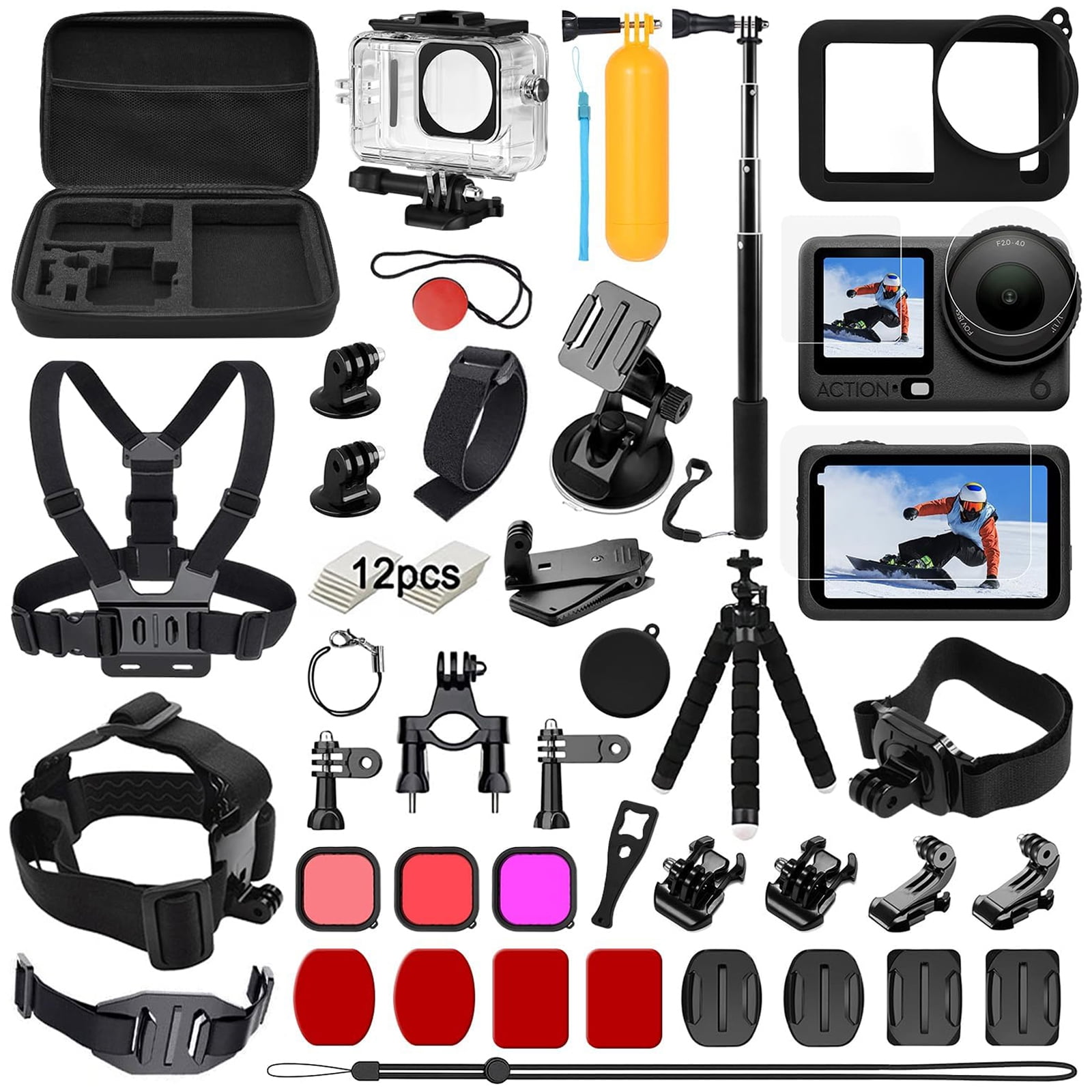 Action Camera Accessories Kit for DJI Osmo Action 6, Includes Waterproof Housing Silicone Case Suction Cup Mounts Carrying Bag