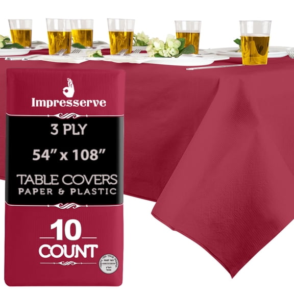 Impresserve Disposable Tablecloth, 54" x 108", Burgundy, 10-Count, 3-Ply Paper and Plastic