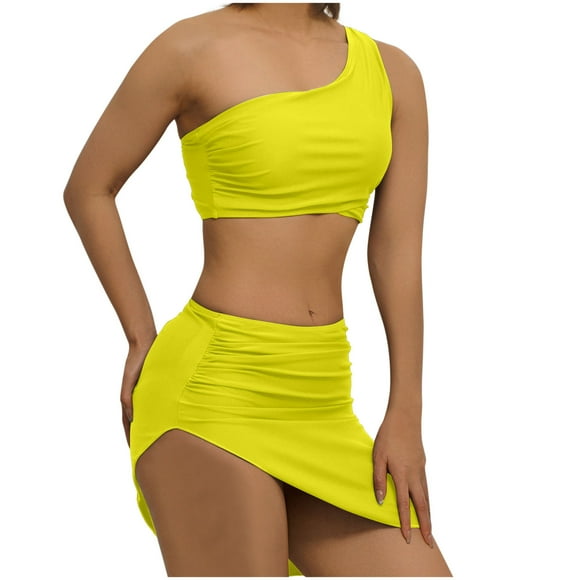 Bigersell 3 Piece Swimsuits for Women Trendy Ruched One Shoulder Bikini Sets with Cover-Ups Bathing Suits Cheeky Bottoms Vacation Swimsuits Yellow M