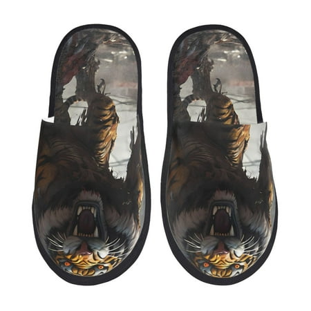

Rateoe Ruins Tiger Warrior Pattern Fuzzy Slippers Fuzzy Soft House Slippers Plush Furry Warm Cozy Open Toe Fluffy Home Shoes-Medium