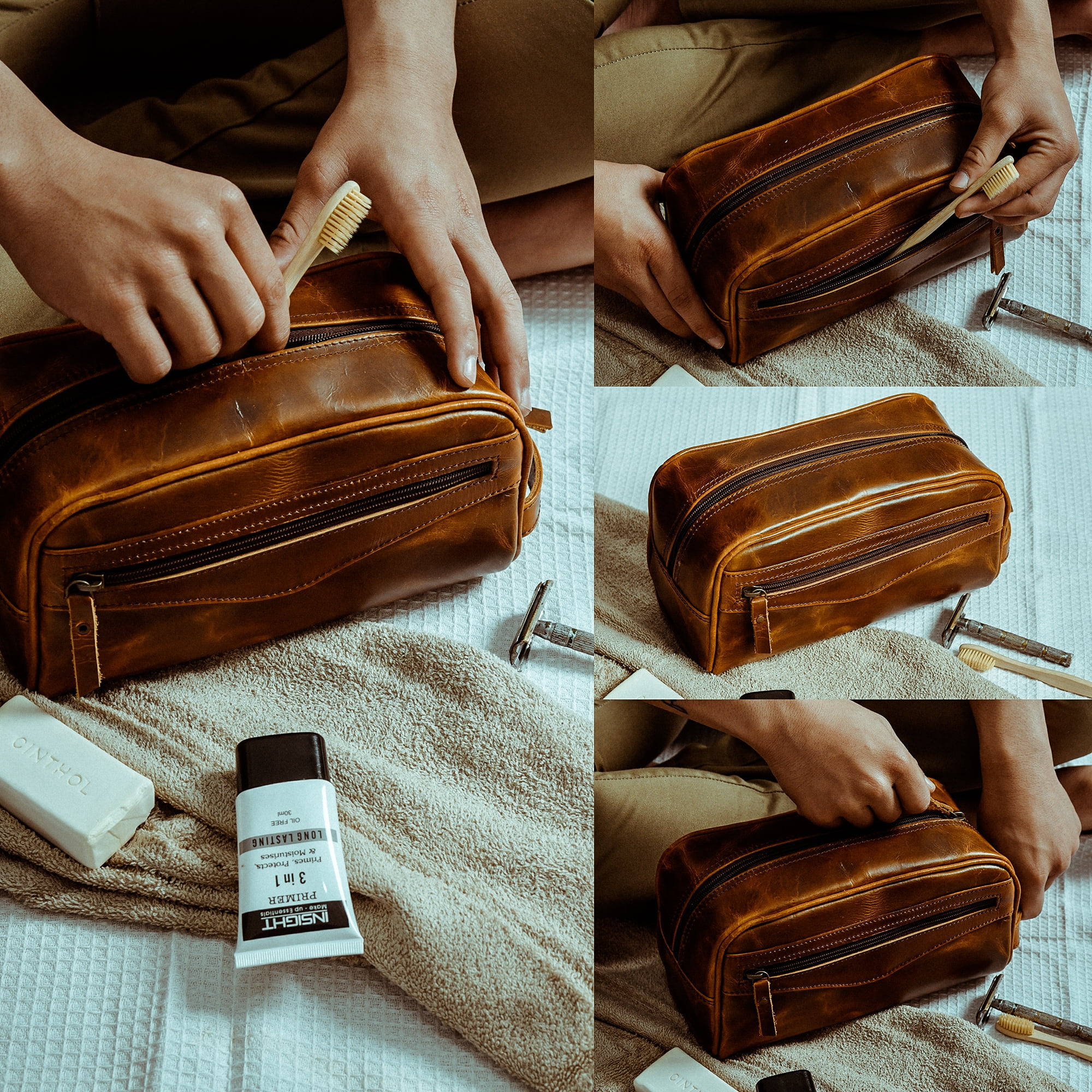 Leather Toiletry Bag for Men | Dopp Kit / Travel Pack Bootlegger Brown