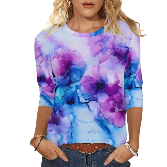 Craaazy Women's Loose Fit Colorful Printing 3/4 Sleeve Pretty Round-neck Tops Gifts