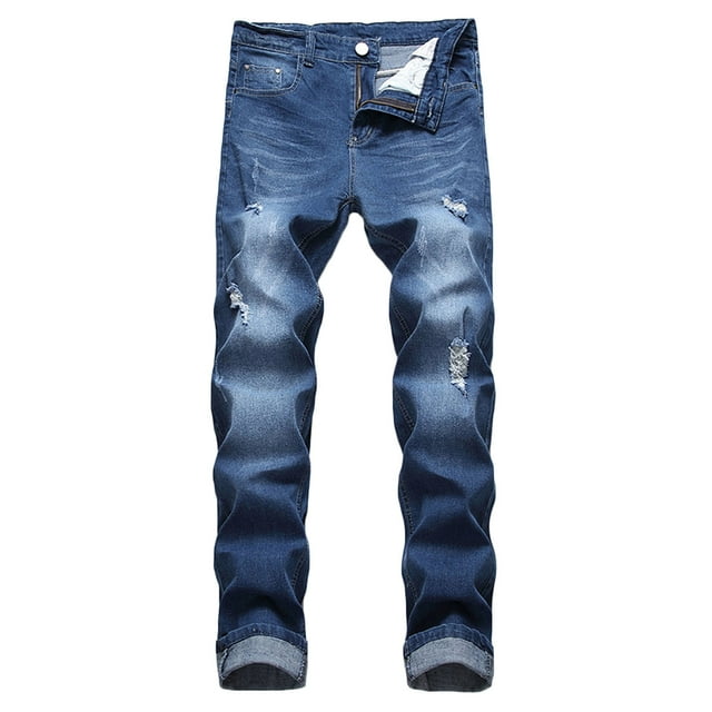 HKEJIAOI Mens Lounge Pants Men Zipper Closure Solid Washed Stretch Casual Trousers Ripped Jeans