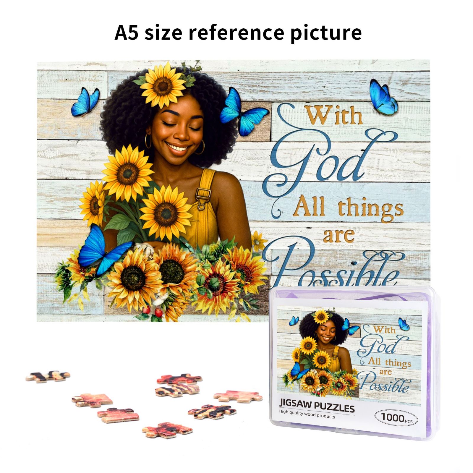 African American Inspirational 1000 Pieces Jigsaw Puzzles Black Queen Motivational Jigsaw Puzzles Black Women Sunflower with God All Things Are Possible