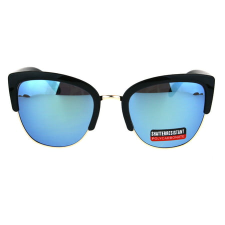 Womens Color Mirrored Lens Half Rim Cat Eye Designer Sunglasses Black Blue