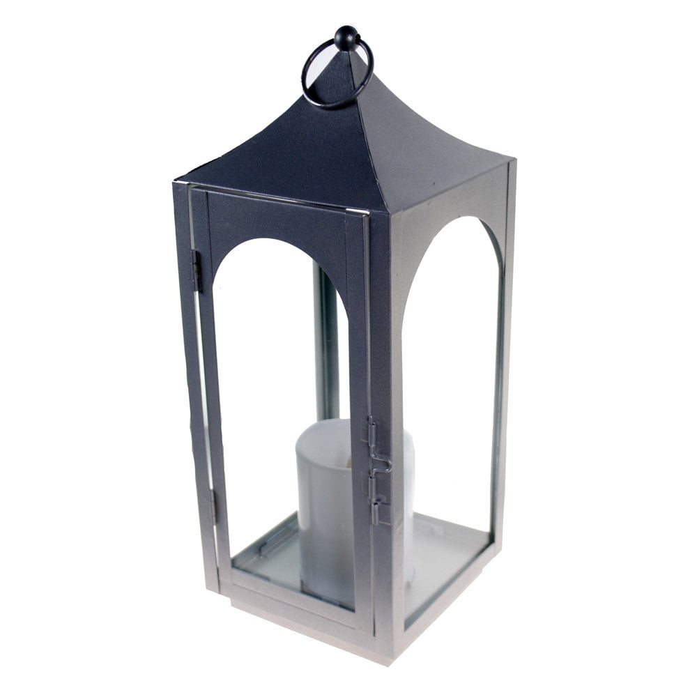 S4O 12" Metal Hanging Lantern with Glass + LED Candle Table Home Festival Decor / Silver