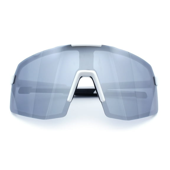 Mens Polarized Oversized Large Shield Monoblock Plastic Sport Sunglasses White - Silver Mirror