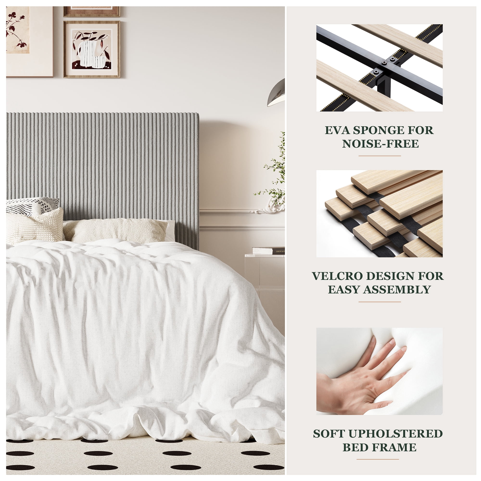 Amolife Queen Size Upholstered Platform Bed Frame with Adjustable Height Headboard, Noise-Free, Light Grey