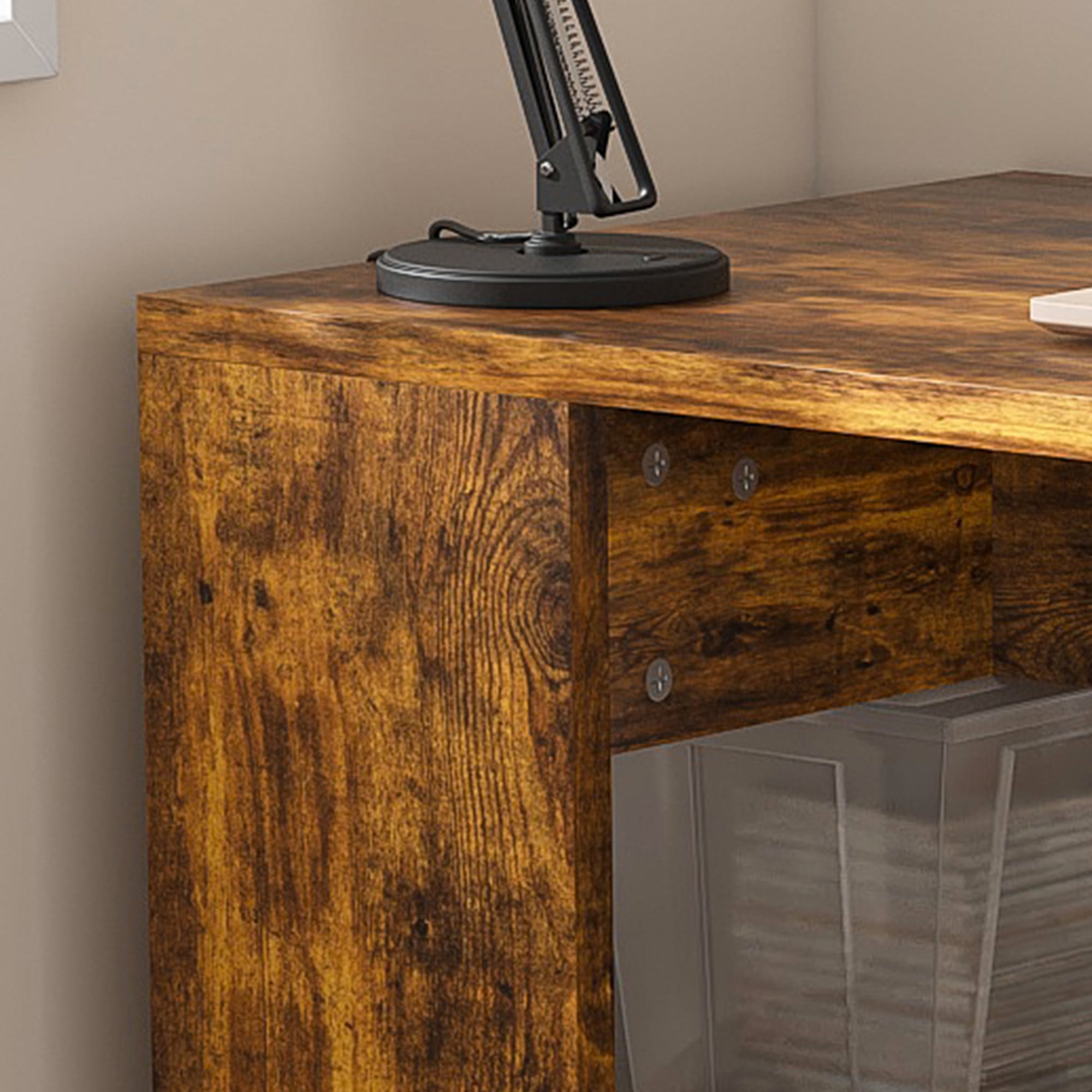Computer Desk with 4-in-1 Socket & 3 Drawers, 4-Tier Storage Shelves, Carbonized Wood Finish Laminate for Home Office, Study, Bedroom
