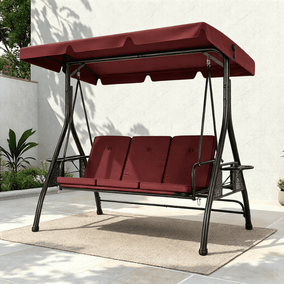 VIVOHOME 3 Seat Porch Swing Chair with Converting Canopy&Removable Cushion, Cushioned Steel Frame Porch Canopy Swing Chair, Swing Glider Hammock for Patio, Garden - Red