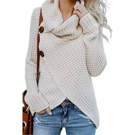KZKR Womens Long Sleeve Button Sweaters Pullover Cowl Neck Casual Knitted Wrap Lightweight Sweaters Jumper