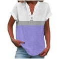 thumbnail image 2 of Womens Tops Cotton Linen Casual Color-Block Print Short Sleeve V-Neck T-Shirt Purple S, 2 of 5