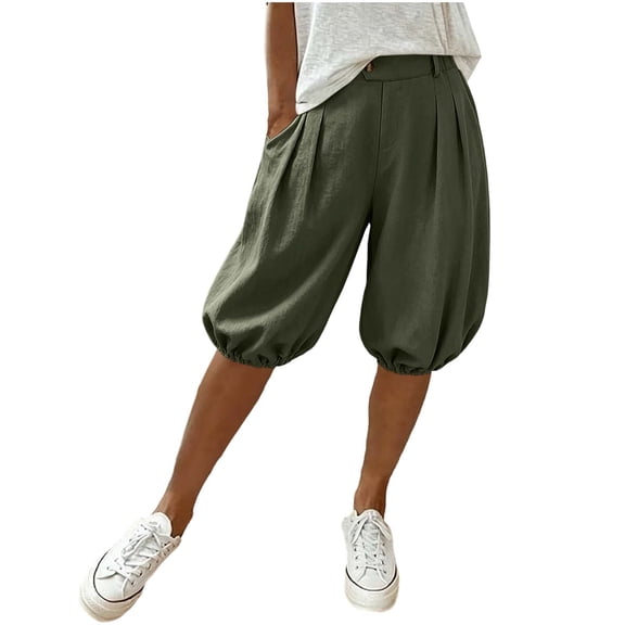 Lmueinov Women's High Waist Pleated Lantern Capri Shorts, Elastic Cuff Loose Casual Pocketed Shorts for Daily Vacation Wear S-2XL