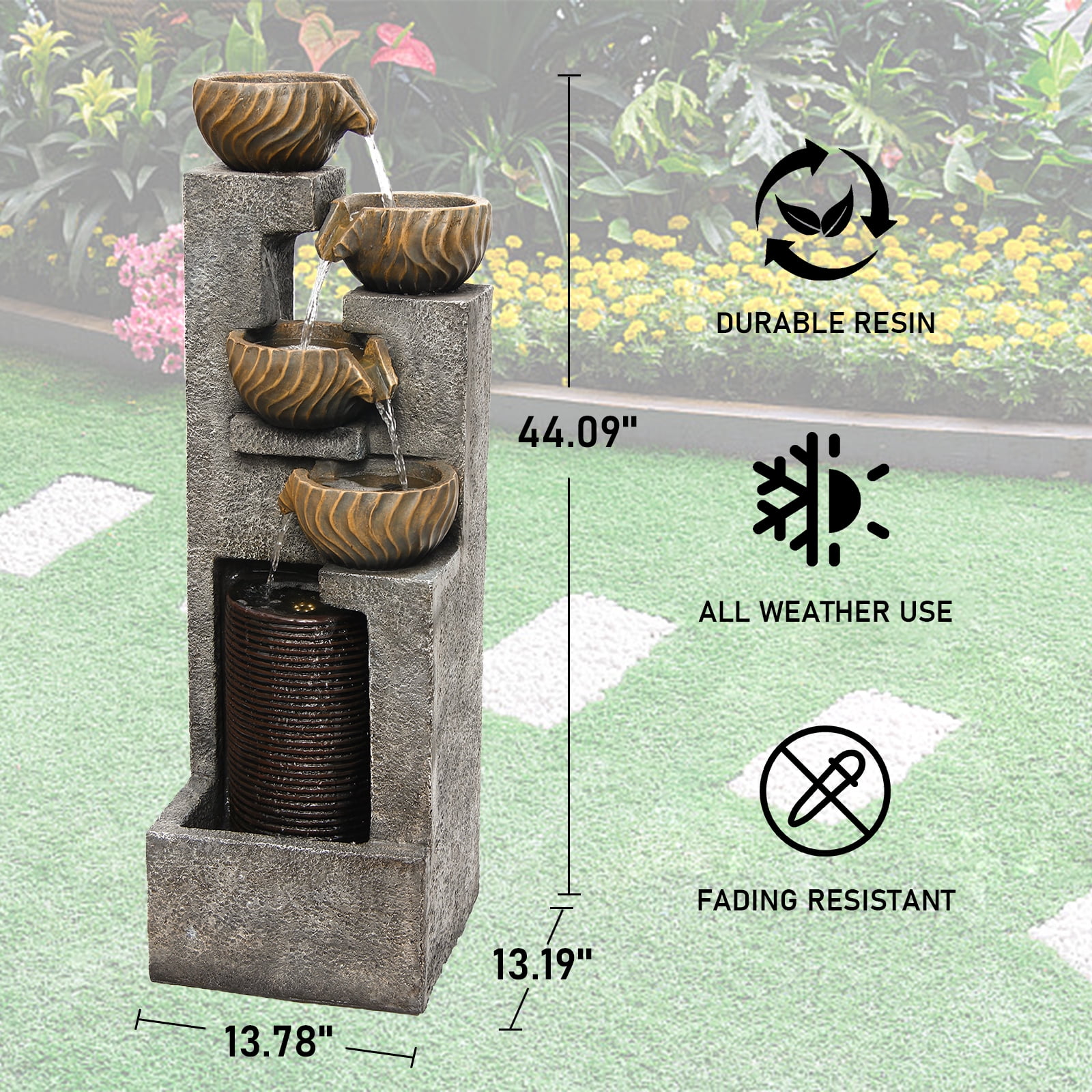 44.09''H Outdoor Garden Water Fountain with LED Lights Bowl Cascading Floor Standing Waterfall Fountains Indoor 5-Tiered Water Feature Decor for Backyard Lawn Porch Deck