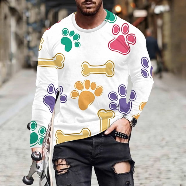 Ceisia Men's Colorful Glitter Paw Print T-Shirt | Slim Long-Sleeve Crewneck Casual Top Gift