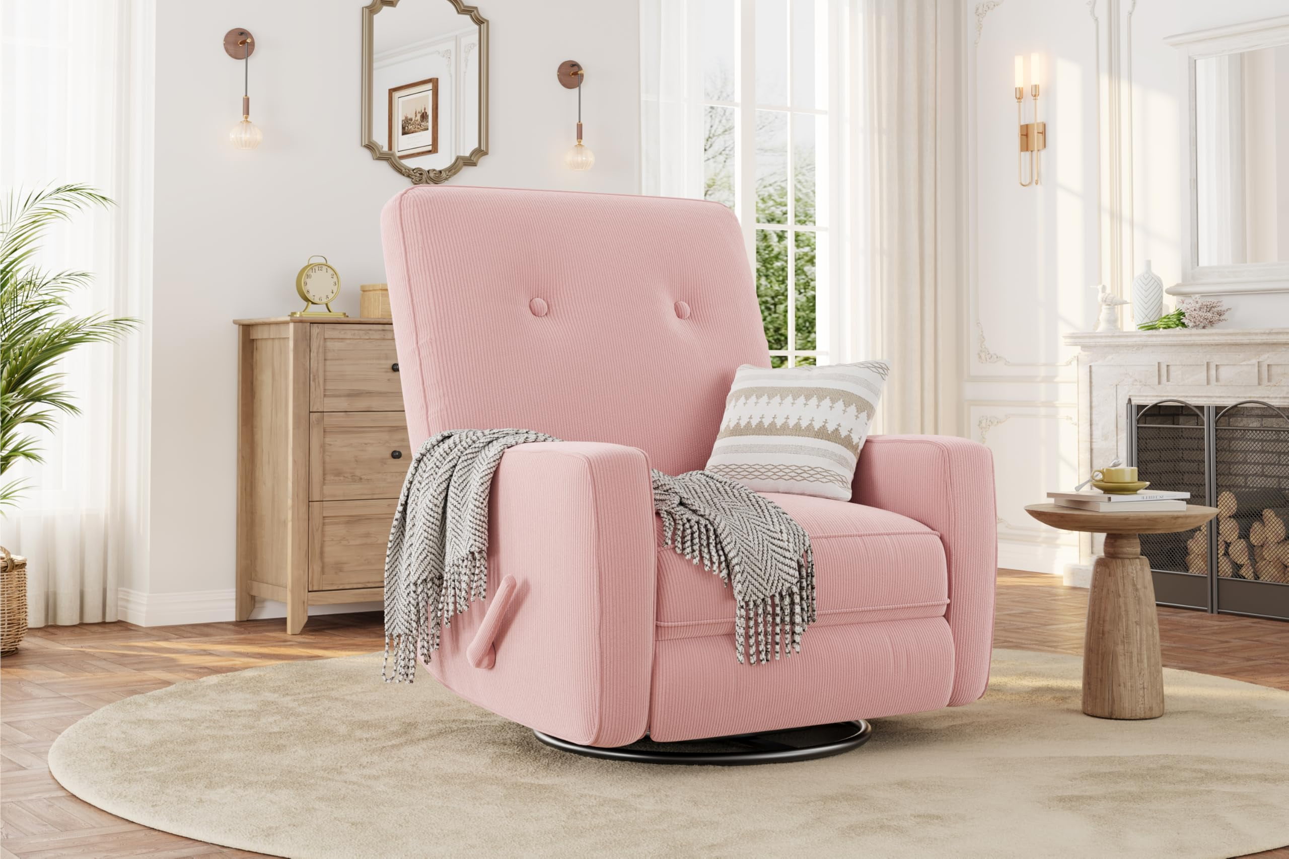 Modern Swivel Glider Recliner for Nursery & Small Spaces 360° Rocking Chair with Adjustable Lumbar Support & Footrest | Corduroy Upholstery for Apartment Living Room & Bedroom