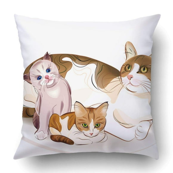 BSDHOME Mother Cats Family And Two Kittens Baby Cartoon Mom Mummy Animal Babyhood Brood Pillowcase Cover Cushion 18x18 inch