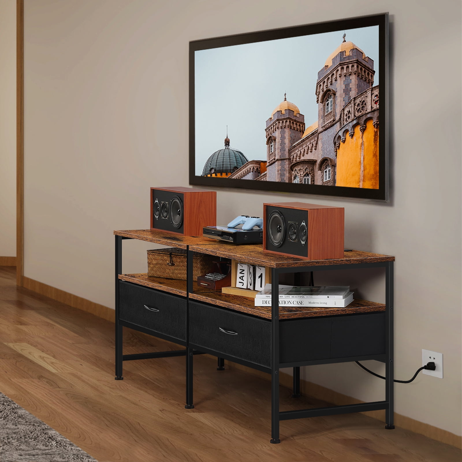 47.2"L TV Cabinet Industrial TV Cabinet with Fabric for Living Room, Bedroom With Charging Stake Brown