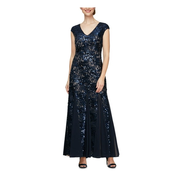 ALEX EVENINGS Womens Navy Lace Zippered Lined Floral Cap Sleeve V Neck Full-Length Formal Gown Dress 6