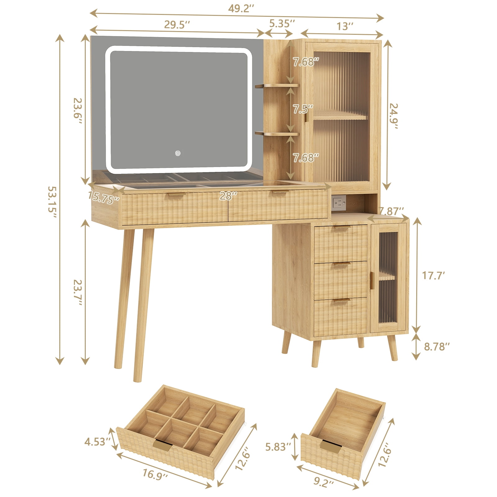 Wooden Vanity Desk with Mirror and Lights, 49" Boho Fluted Makeup Vanity Table with Modern Glass Top, Charging Station, 5 Drawers, 2 Cabinet with Adjustable Shelves, Salon Station, Natural Oak