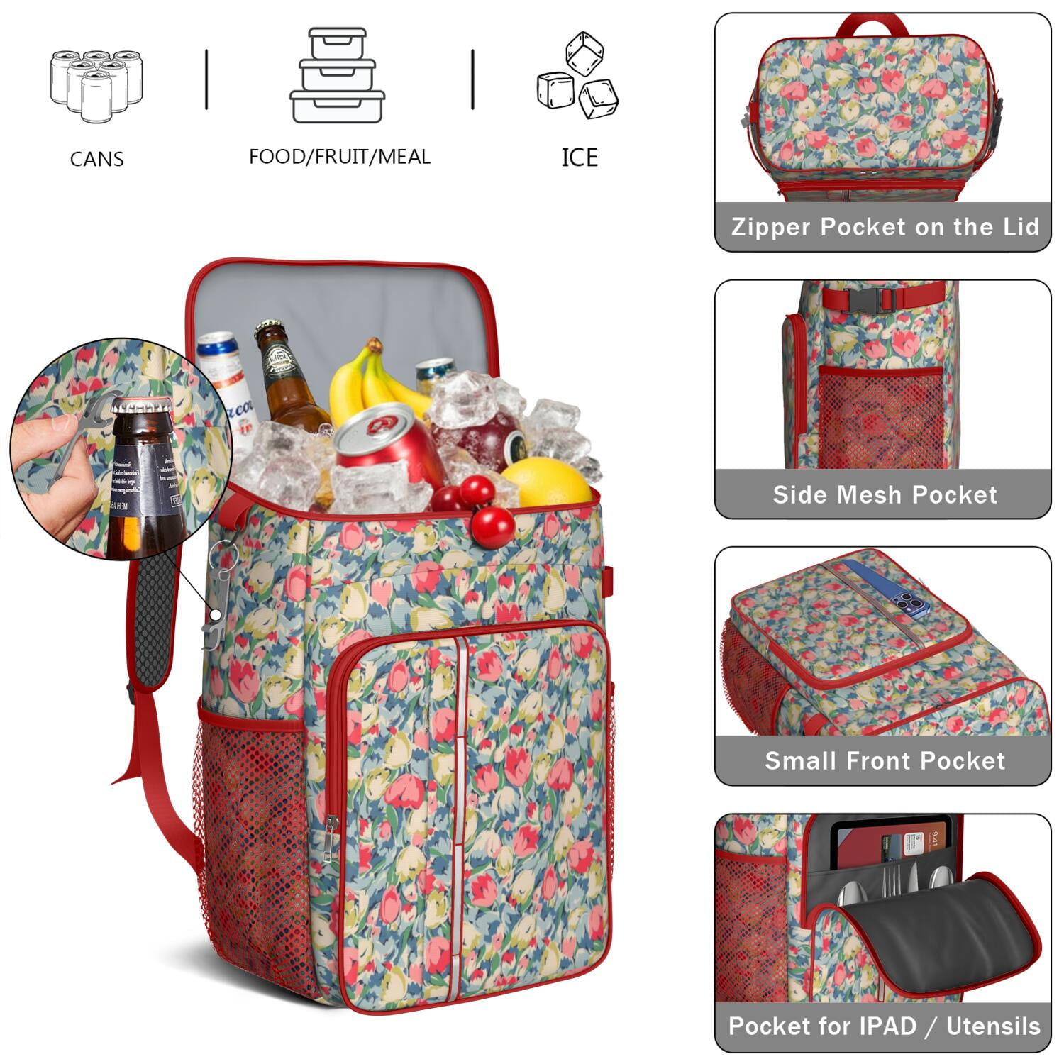 Travel Cooler Bag - Pioneer Flower Camping Beer Cooler Backpack with Bottle Opener- Waterproof Insulated Picnic Backpacks - Cooler Bag for Beach