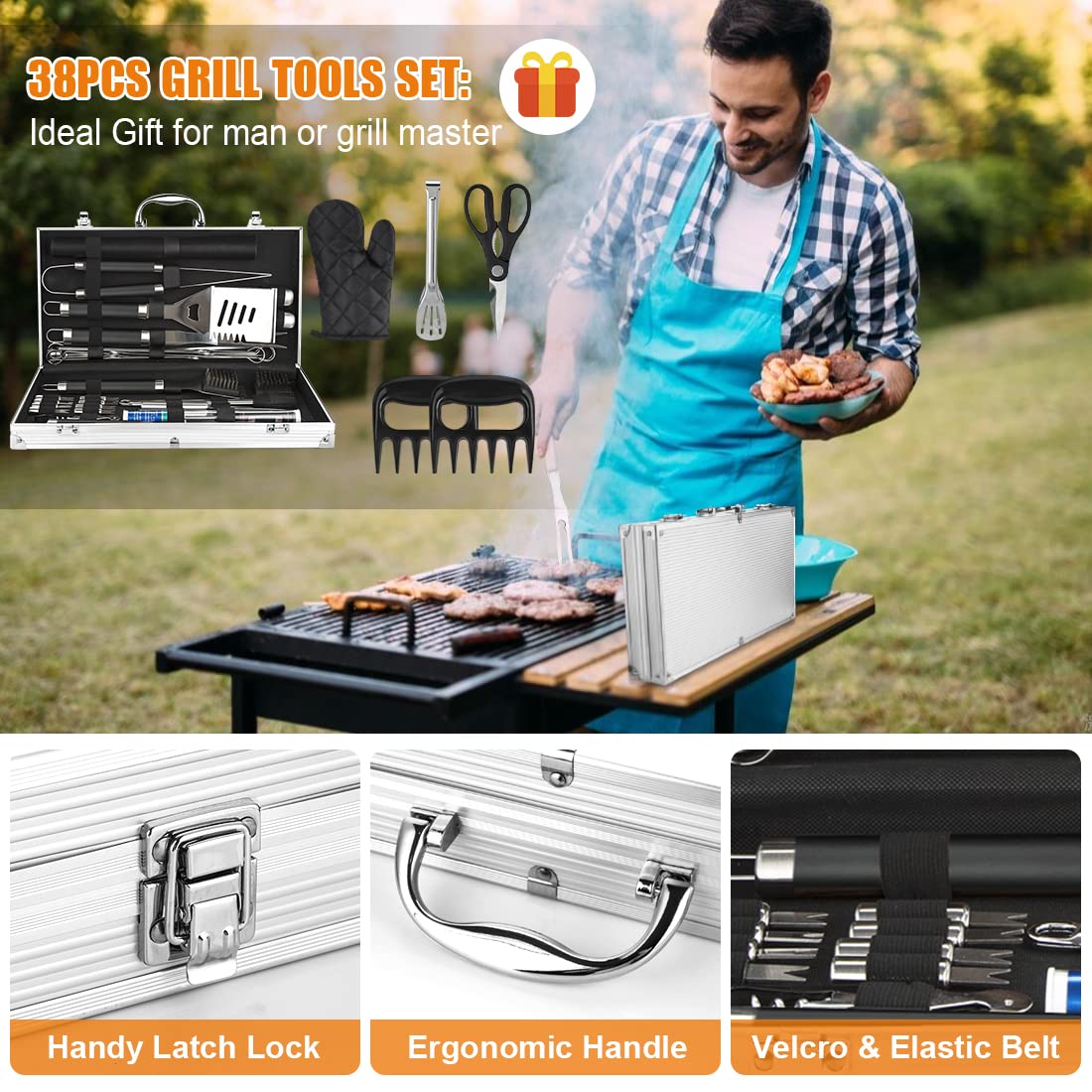 BBQ Grill Accessories Set, 38Pcs Stainless Steel Grill Tools Grilling Accessories with Aluminum Case, Thermometer, Grill Mats for Camping/Backyard Barbecue, Grill Utensils Set for Men Women - image 4 of 7