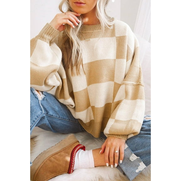 Khaki Checkered Bishop Sleeve Sweater