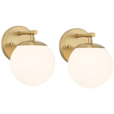 

Possini Euro Design Meridian Modern Wall Light Sconces Set of 2 Gold Hardwire 6 Fixture Frosted White Glass for Bedroom Bathroom