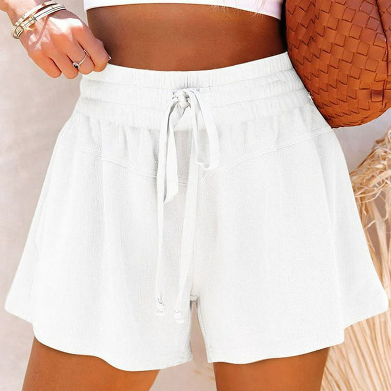 UHUYA Womens Shorts Fashion Solid Color Summer Casual Lightweight Wide Leg  Loose High Waist Lace-up Shorts White M US:6
