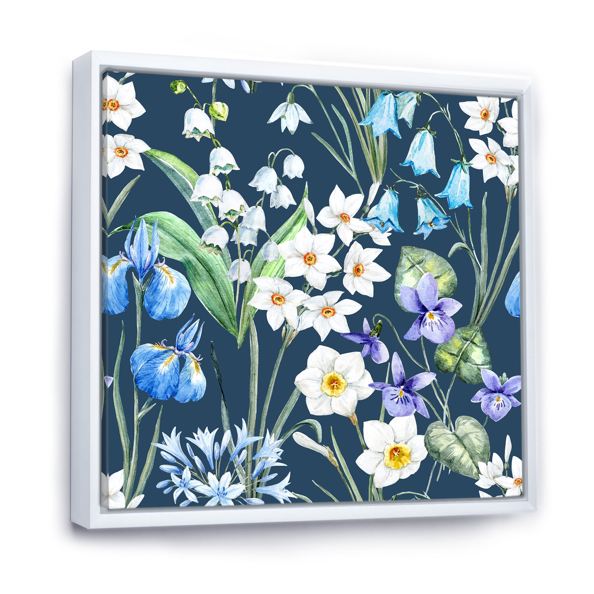 Designart 'Blue and White Spring Flowers On Dark Blue' Traditional Framed Canvas Wall Art Print