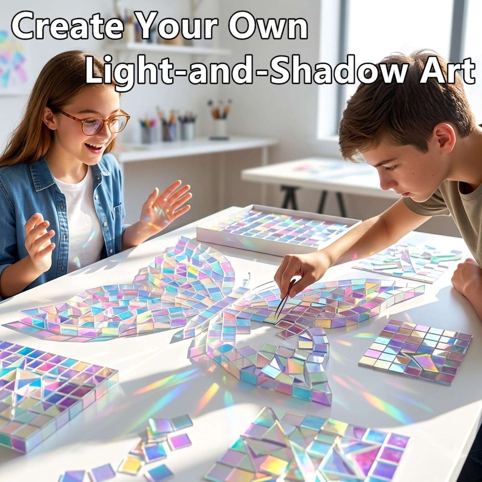 100pcs Mini Holographic Acrylic Blocks, 3/4" x 3/4" Iridescent Plexiglass Sheets for DIY Crafts, Rainbow Acrylic Tiles for Art Deco & Shadow Projects