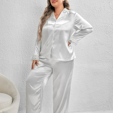 

Plus Size Satin Solid Button Ruffle Trim Shirt & Pants Pajama Set Women‘s Plus Casual Sleepwear 2pcs Set